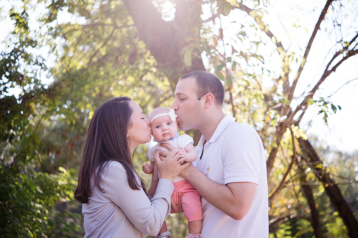 parents kissing baby girl on cheeks